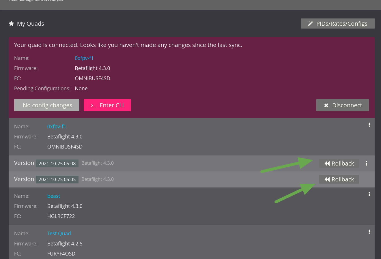 Rollback to a previous Betaflight/iNav config on FPVSIM.