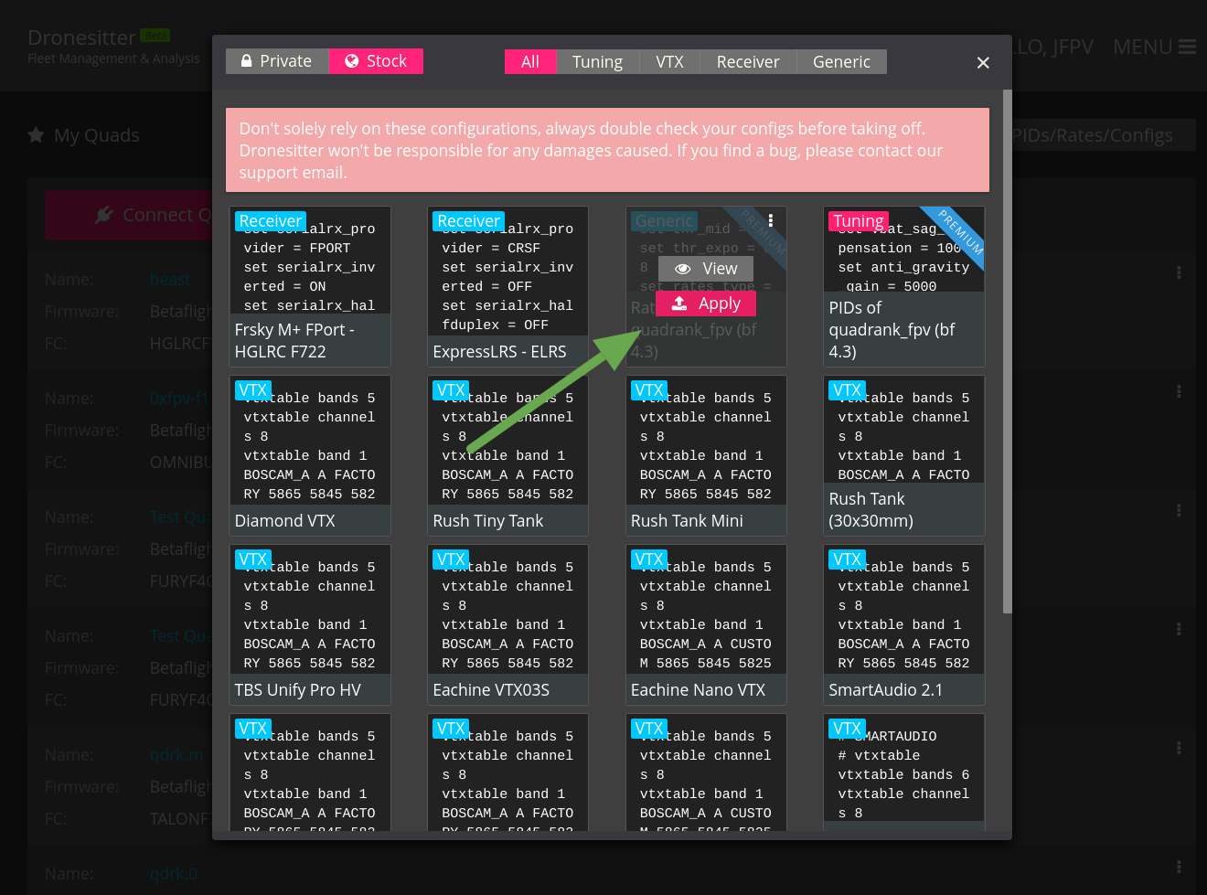 Apply FPVSIM stock pids/rates/configurations.
