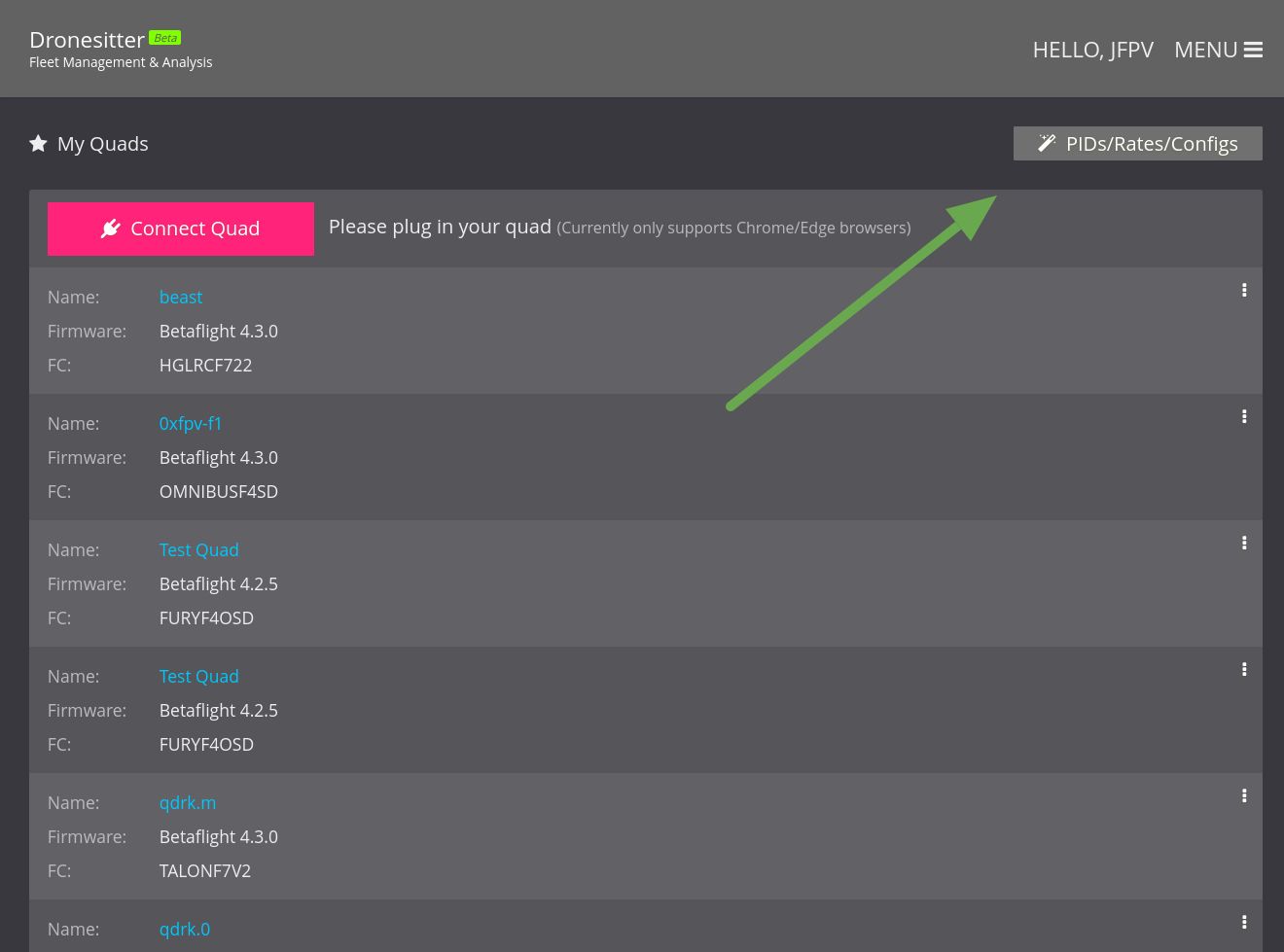 Entry button for FPVSIM stock pids modal.