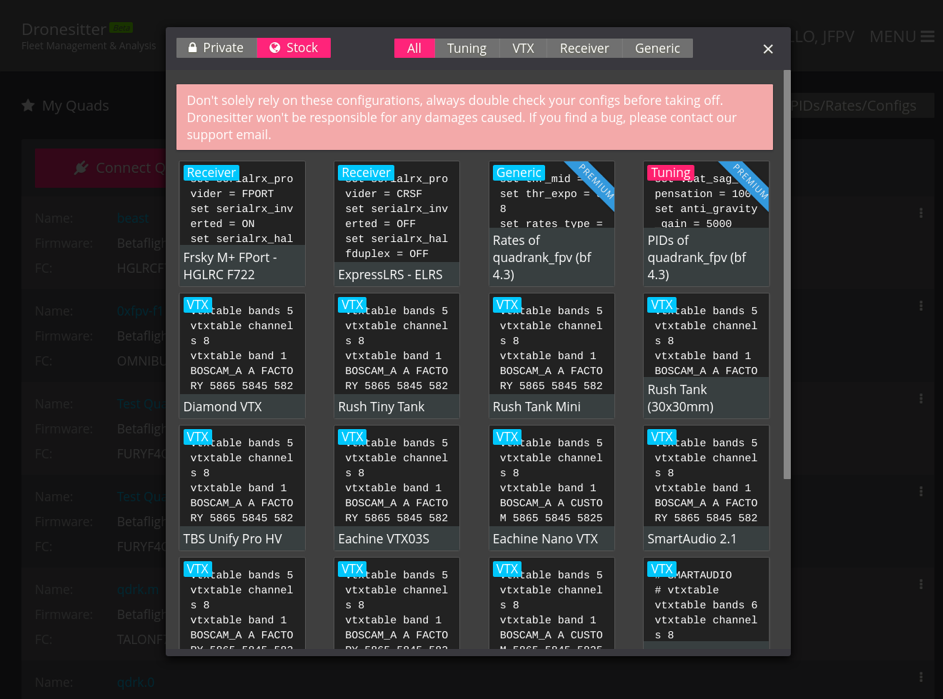 FPVSIM stock pids/rates/configurations modal.