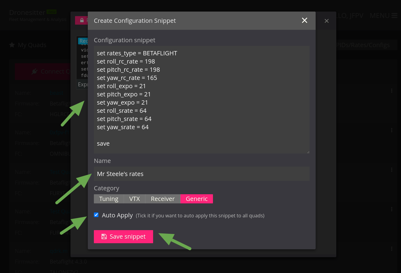 FPVSIM 'New snippet' modal.