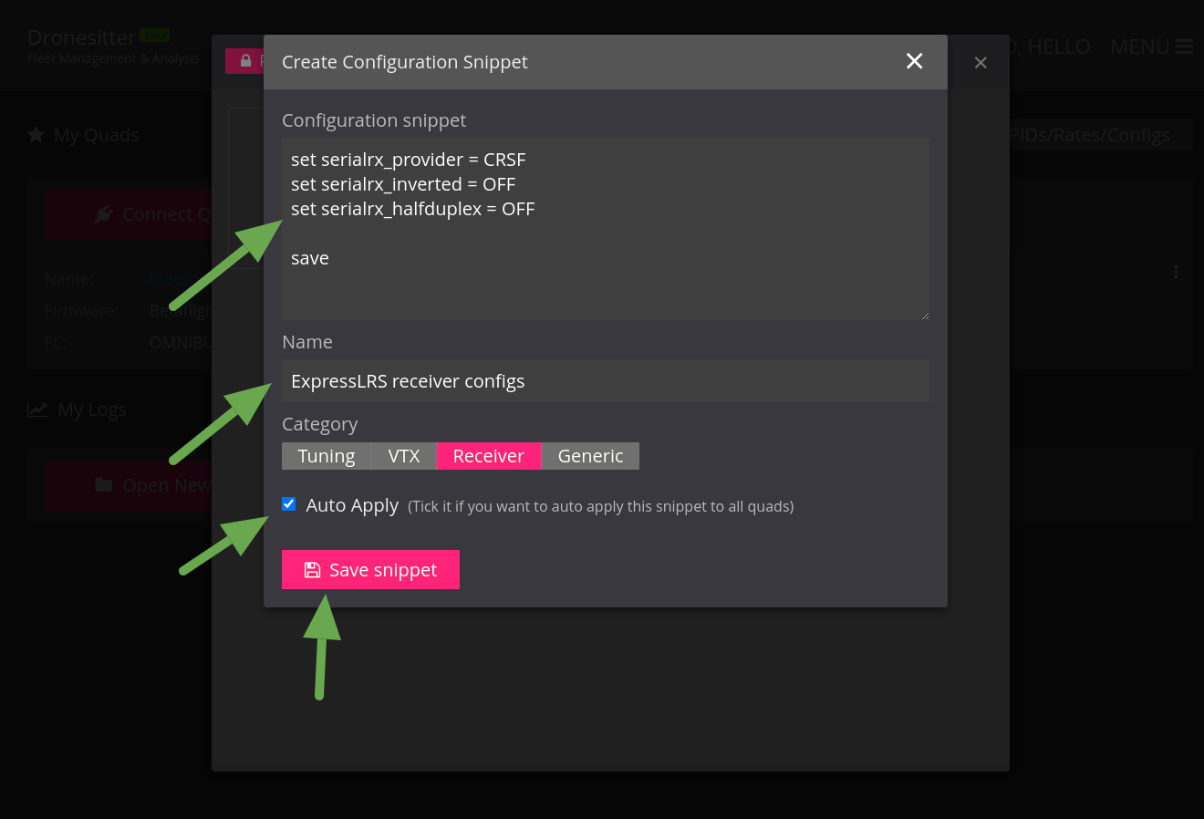 FPVSIM 'New snippet' modal.