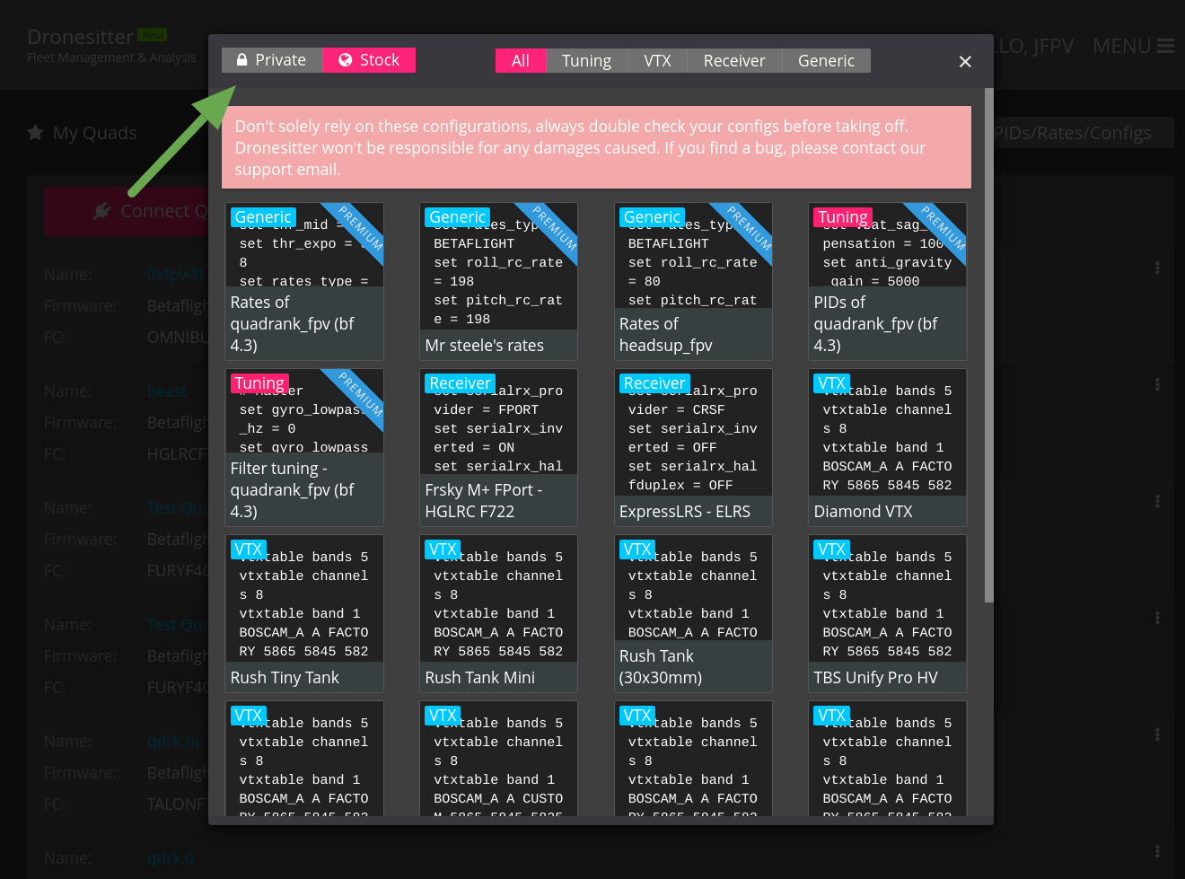 FPVSIM stock pids/rates/configurations modal.