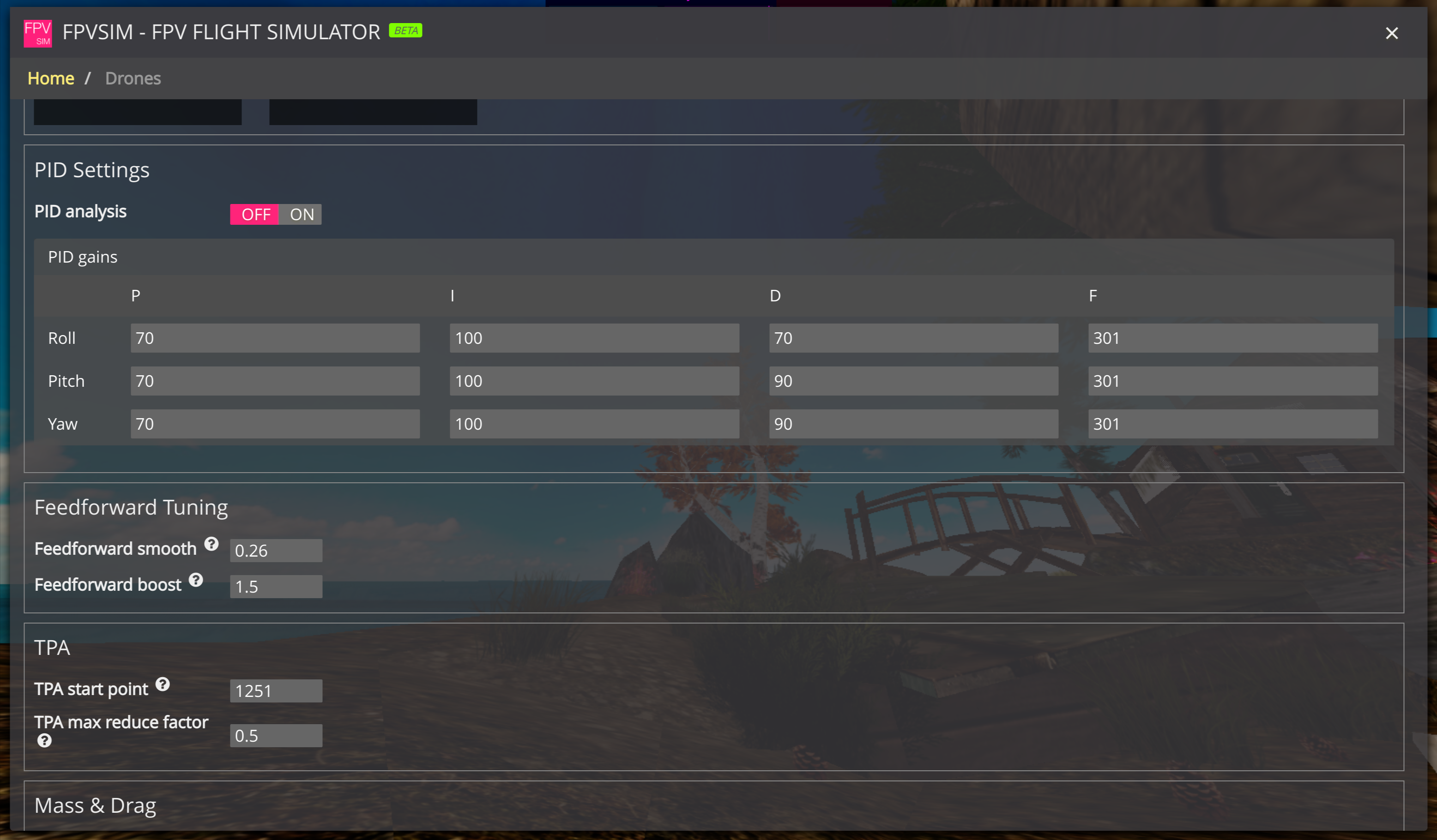 FPVSIM PID Settings View