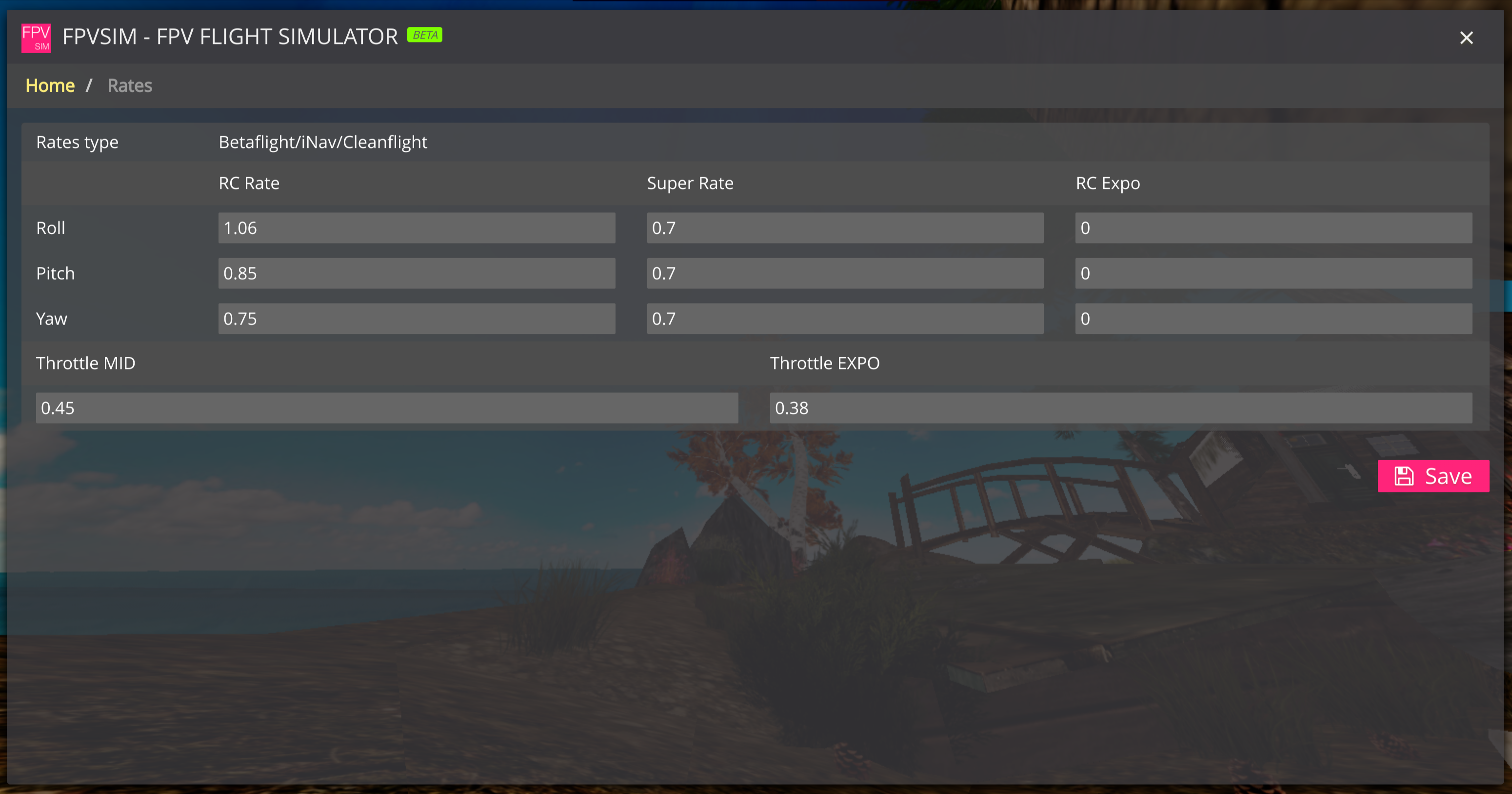 FPVSIM PID Settings View