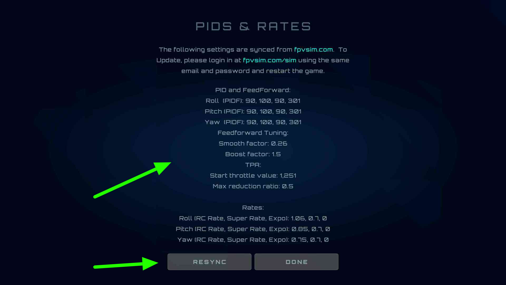FPVSIM PID Settings View